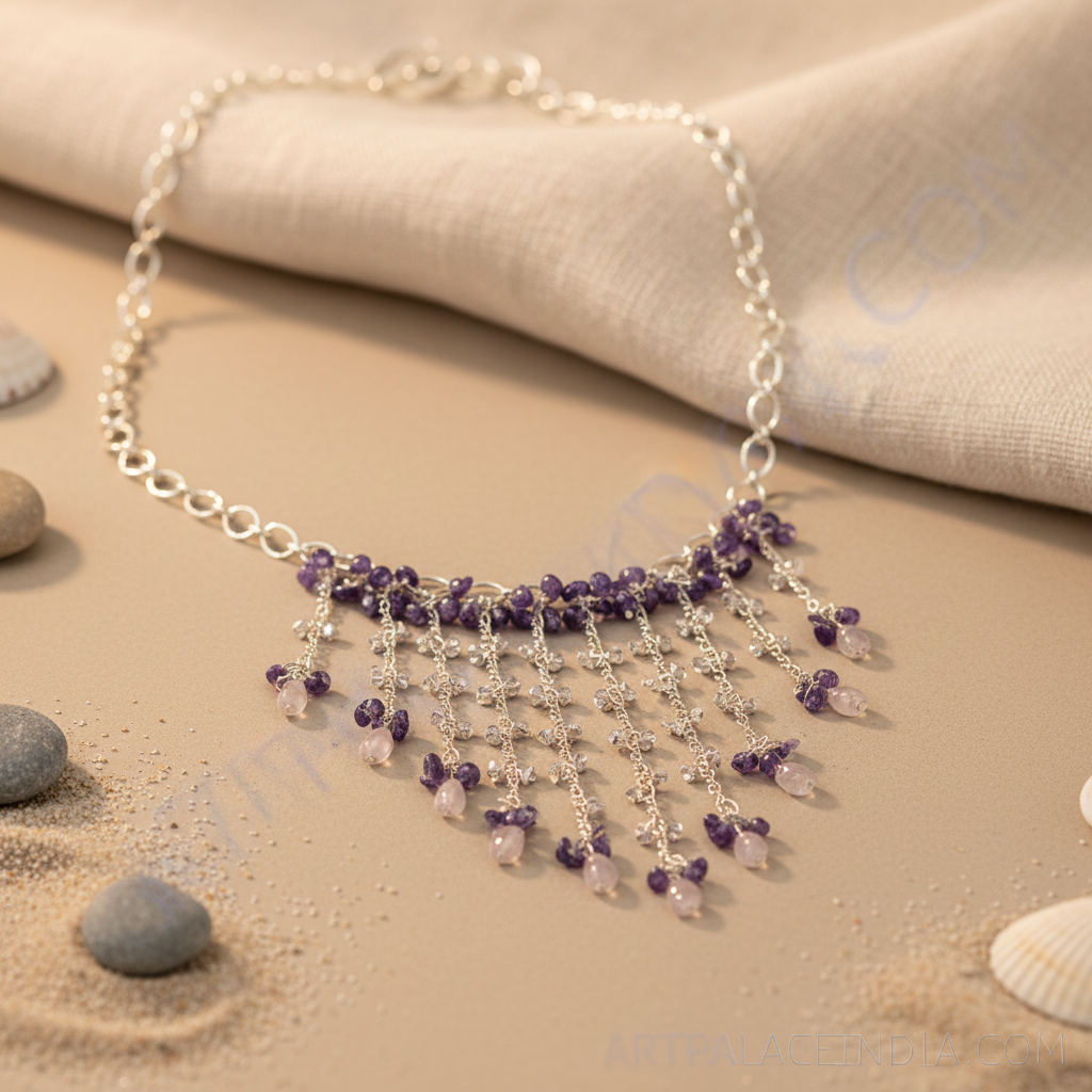 Amethyst & rose quartz waterfall necklace | 925 silver | for women