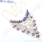 Load image into Gallery viewer, 925 sterling silver waterfall necklace featuring amethyst and rose quartz gemstones, with a white background
