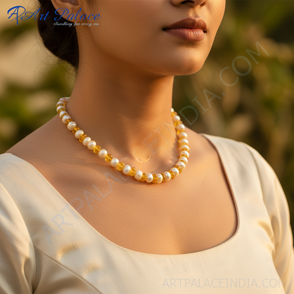 Yellow amber & pearl beaded necklace | gemstone jewelry