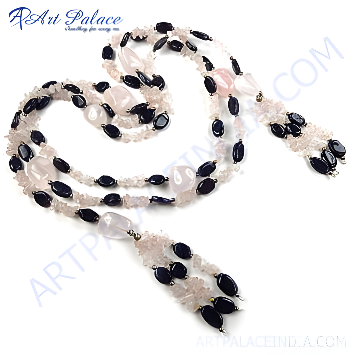A beautiful rose quartz and onyx beaded necklace, perfect for any occasion