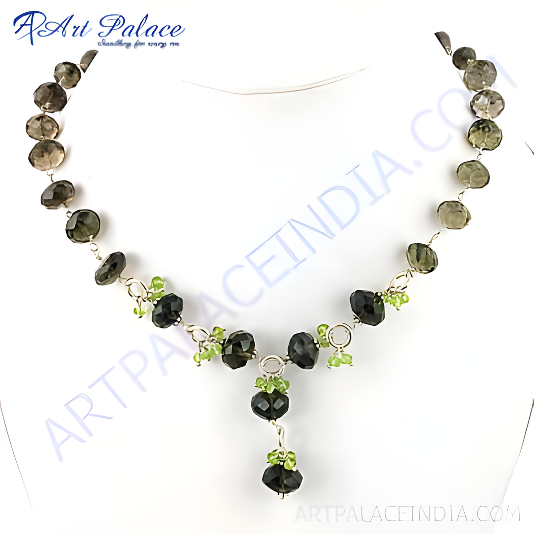 925 sterling silver necklace featuring smoky quartz and peridot gemstones in a unique design.