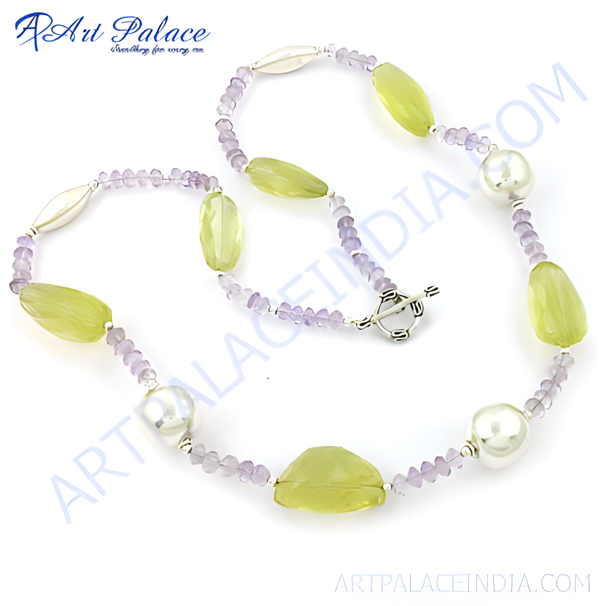 Elegant necklace featuring amethyst and lemon quartz gemstones connected with a silver chain