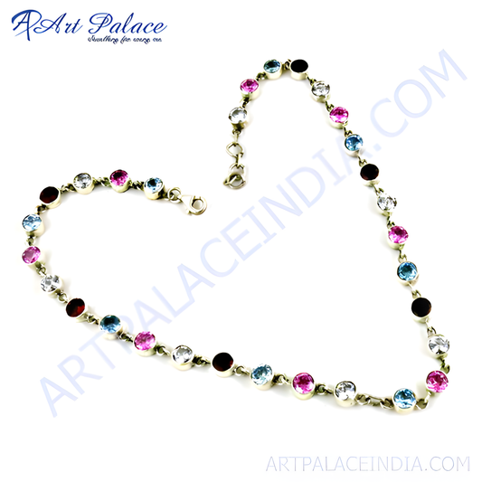 Lovely Blue Topaz & Garnet & Pink & White Cubic Zirconia Gemstone Silver Necklace Colorful Cz Necklace Cz Silver Necklace