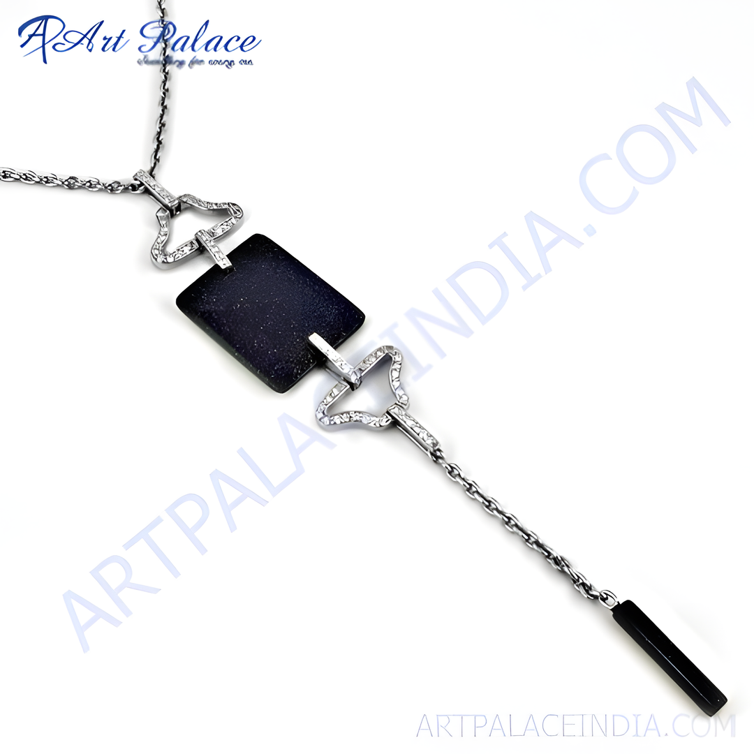925 sterling silver onyx pendant necklace with rectangular black gemstone.