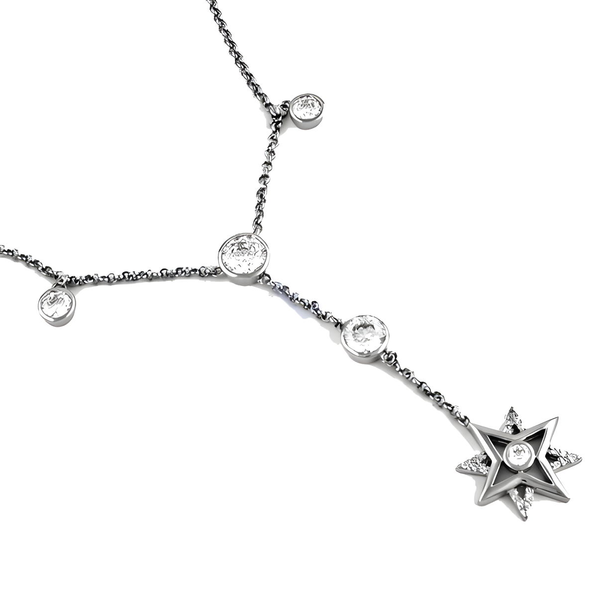 Sterling silver starburst pendant necklace with sparkling cubic zirconia diamonds on a white background
