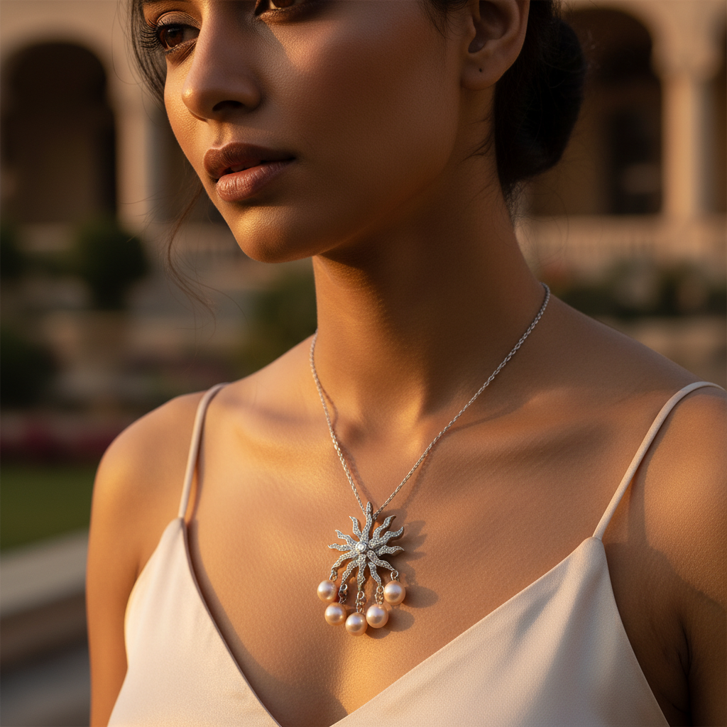 Silver sunburst pearl pendant necklace for women | gift jewelry