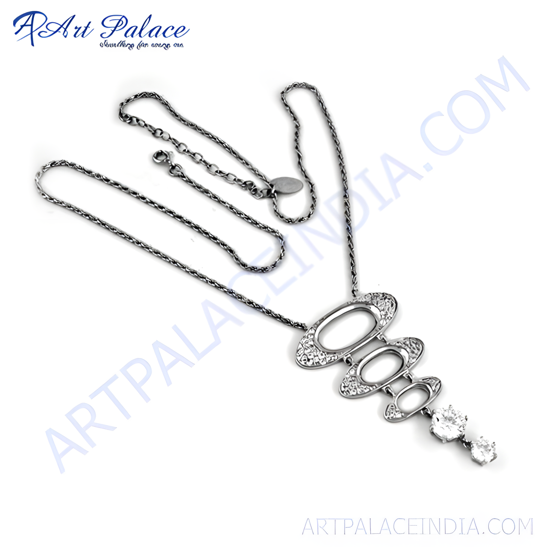 Sterling silver oval pendant necklace with cubic zirconia gemstones, white background, women's fashion jewelry