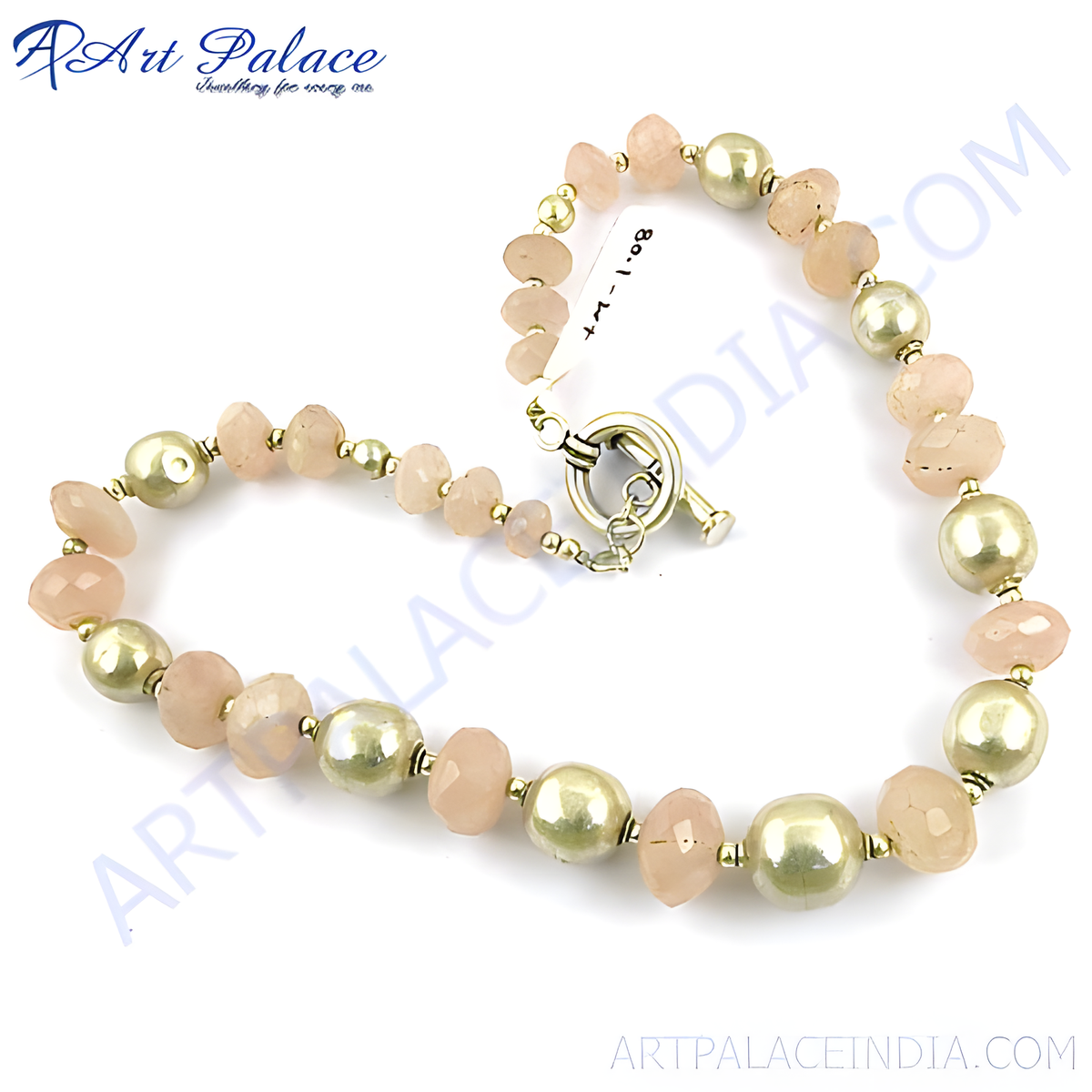 Rose quartz and pearl beaded necklace with gold plating accents, women's fashion jewelry