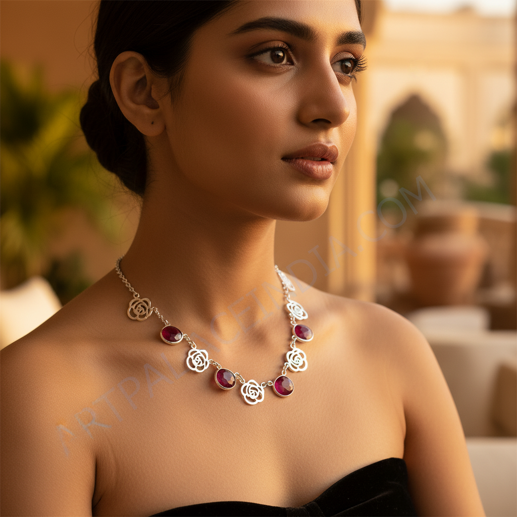 925 Silver Ruby Rose Necklace | Women's Floral Jewelry