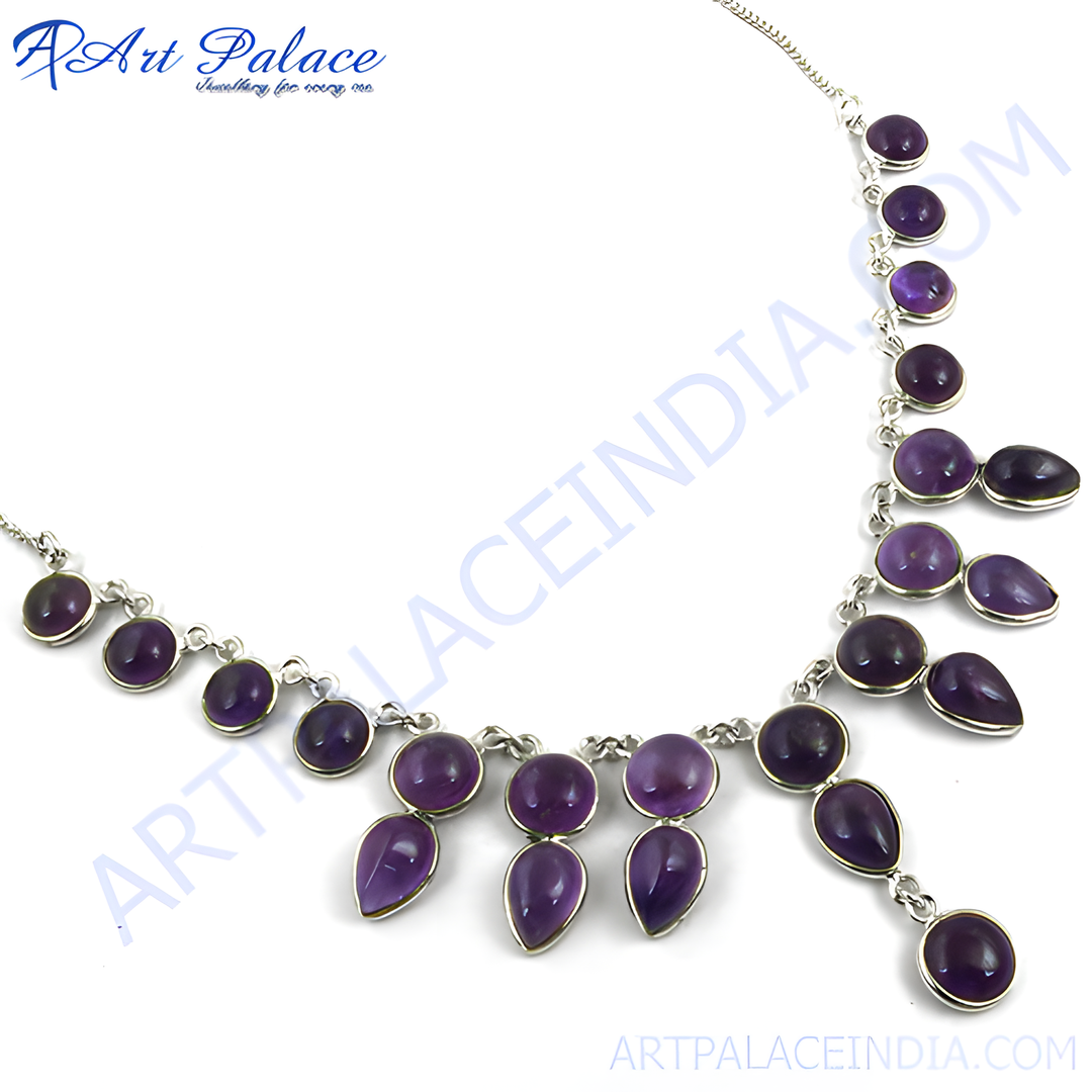 925 sterling silver necklace featuring multiple round and teardrop-shaped amethyst gemstones in a beautiful purple hue.