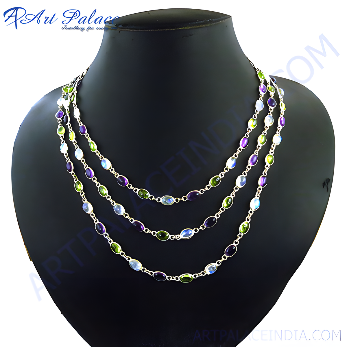 925 sterling silver layered necklace with multiple colored gemstones, showcasing a vibrant design, suitable for all occasions