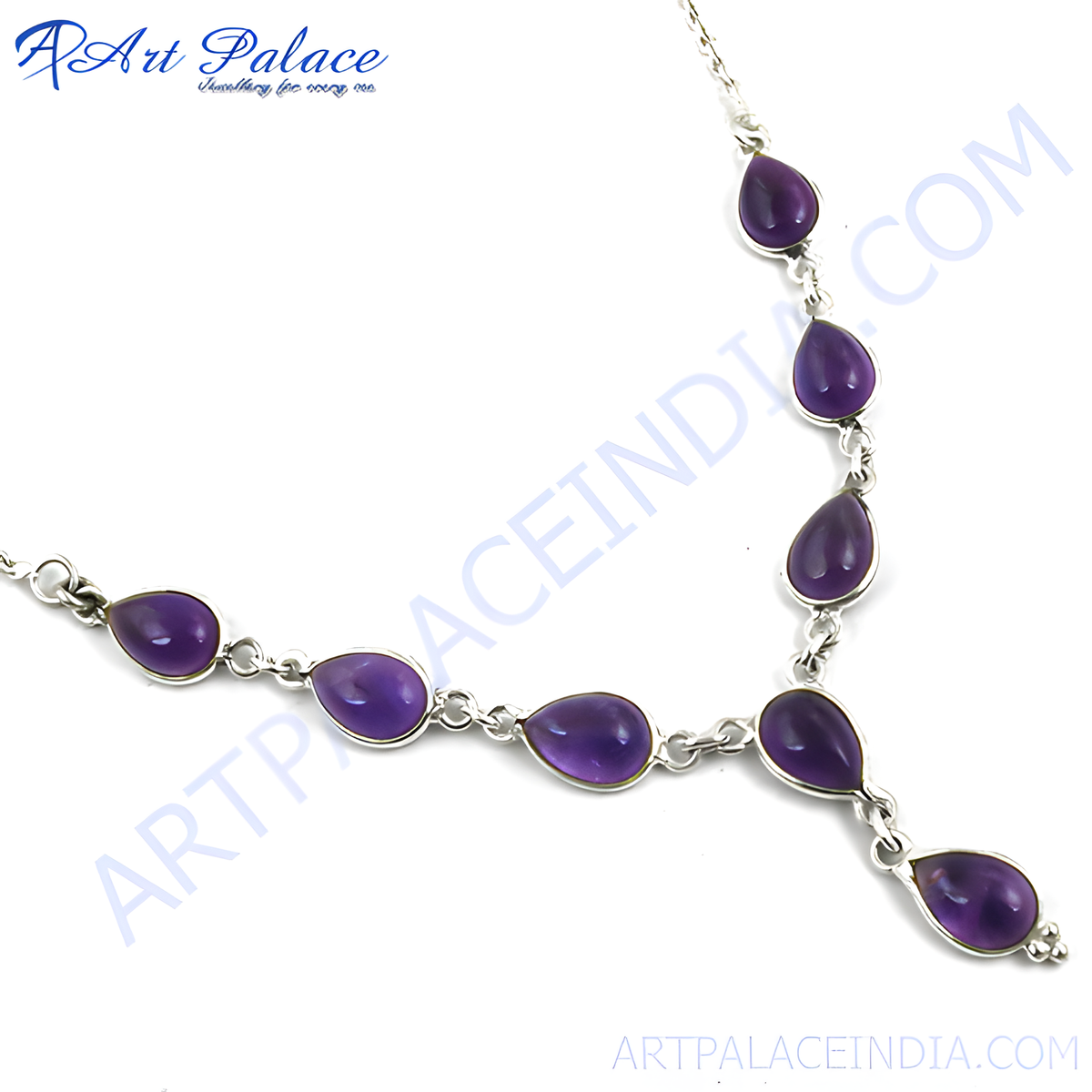 Sterling silver necklace with teardrop shaped amethyst gemstones, purple and silver jewelry