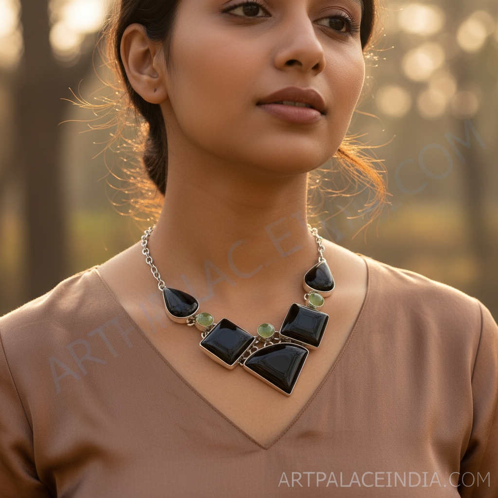 925纯银缟玛瑙橄榄石项链，女士款 | 个性饰品