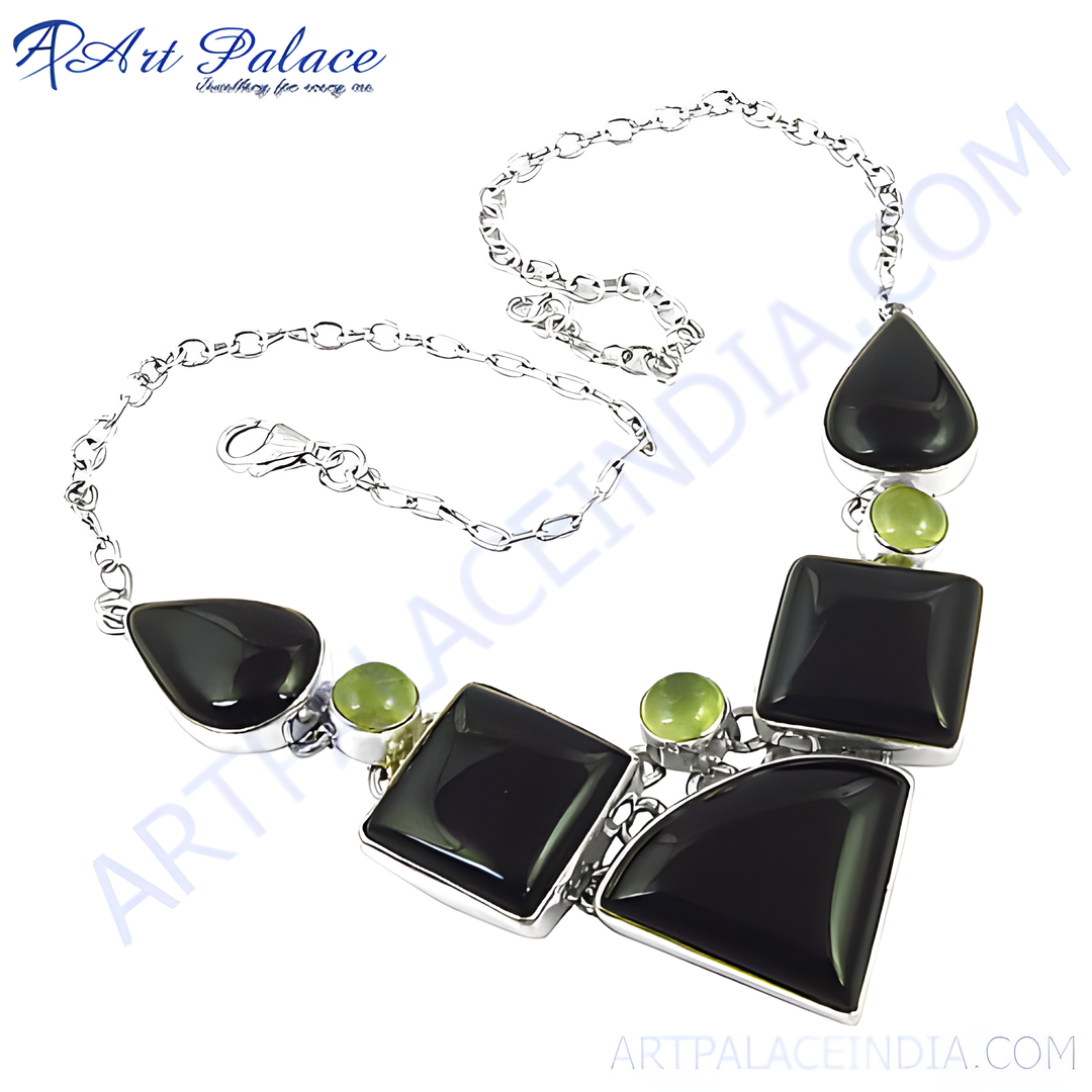 925 sterling silver statement necklace with black onyx and green peridot gemstones.