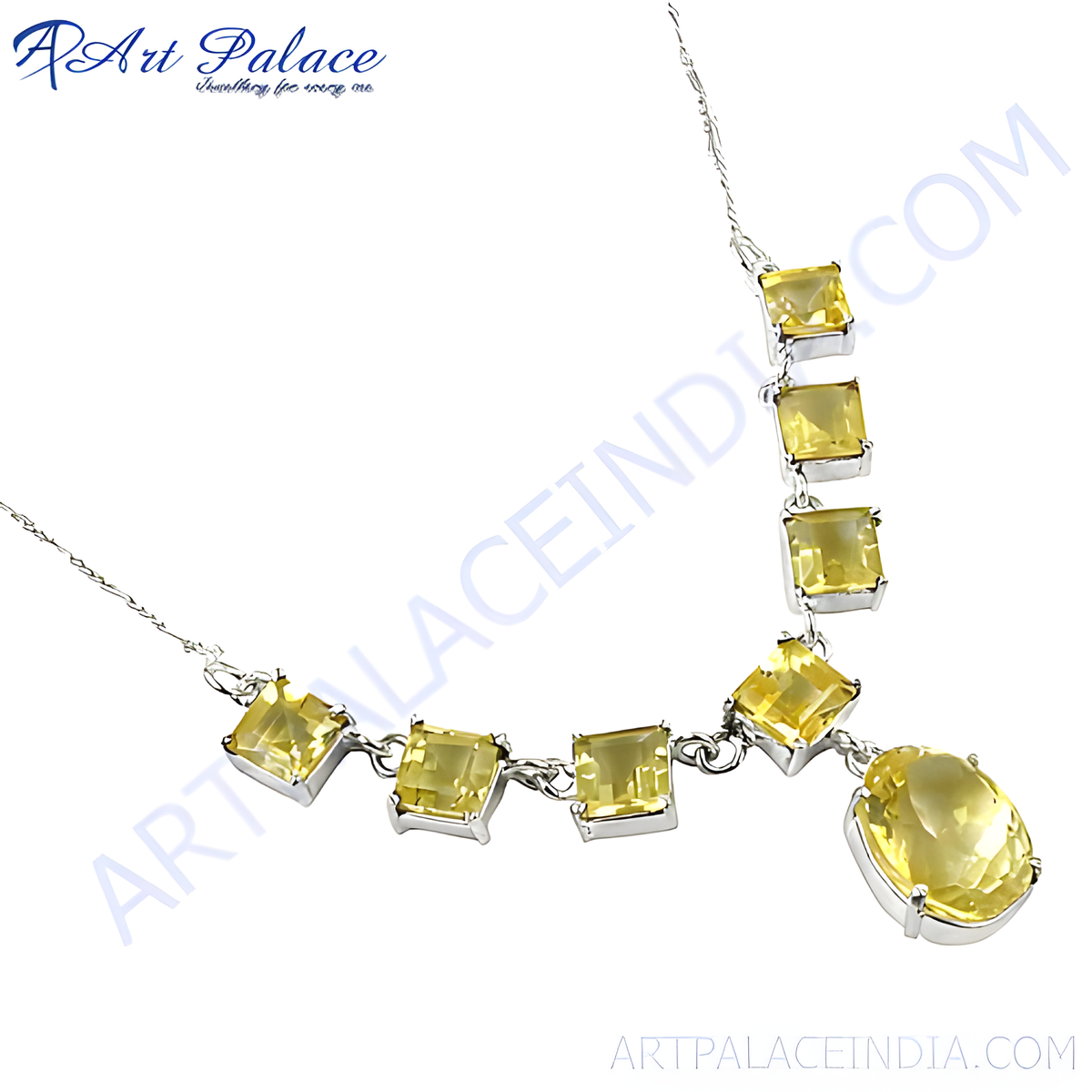 Sterling silver citrine necklace featuring yellow gemstones on a white background