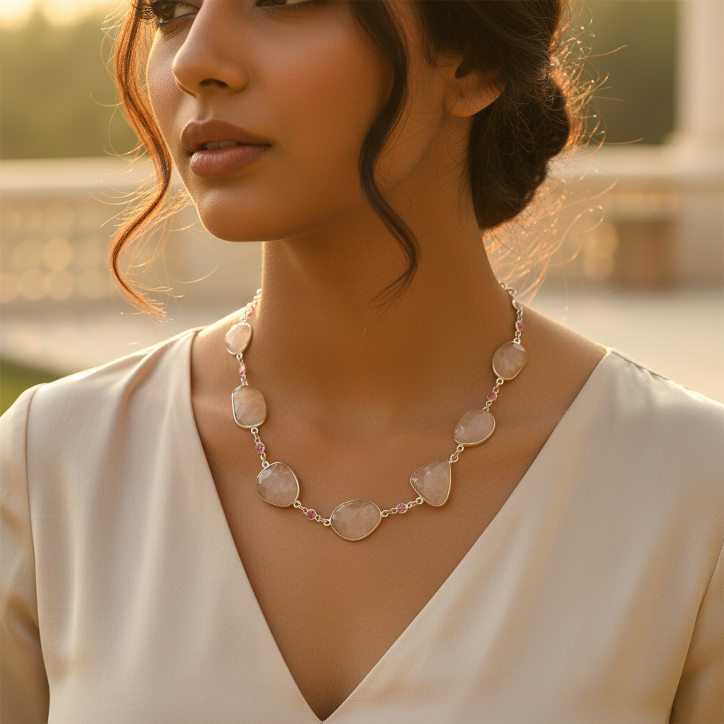 女士银色玫瑰石英项链 | 宝石首饰