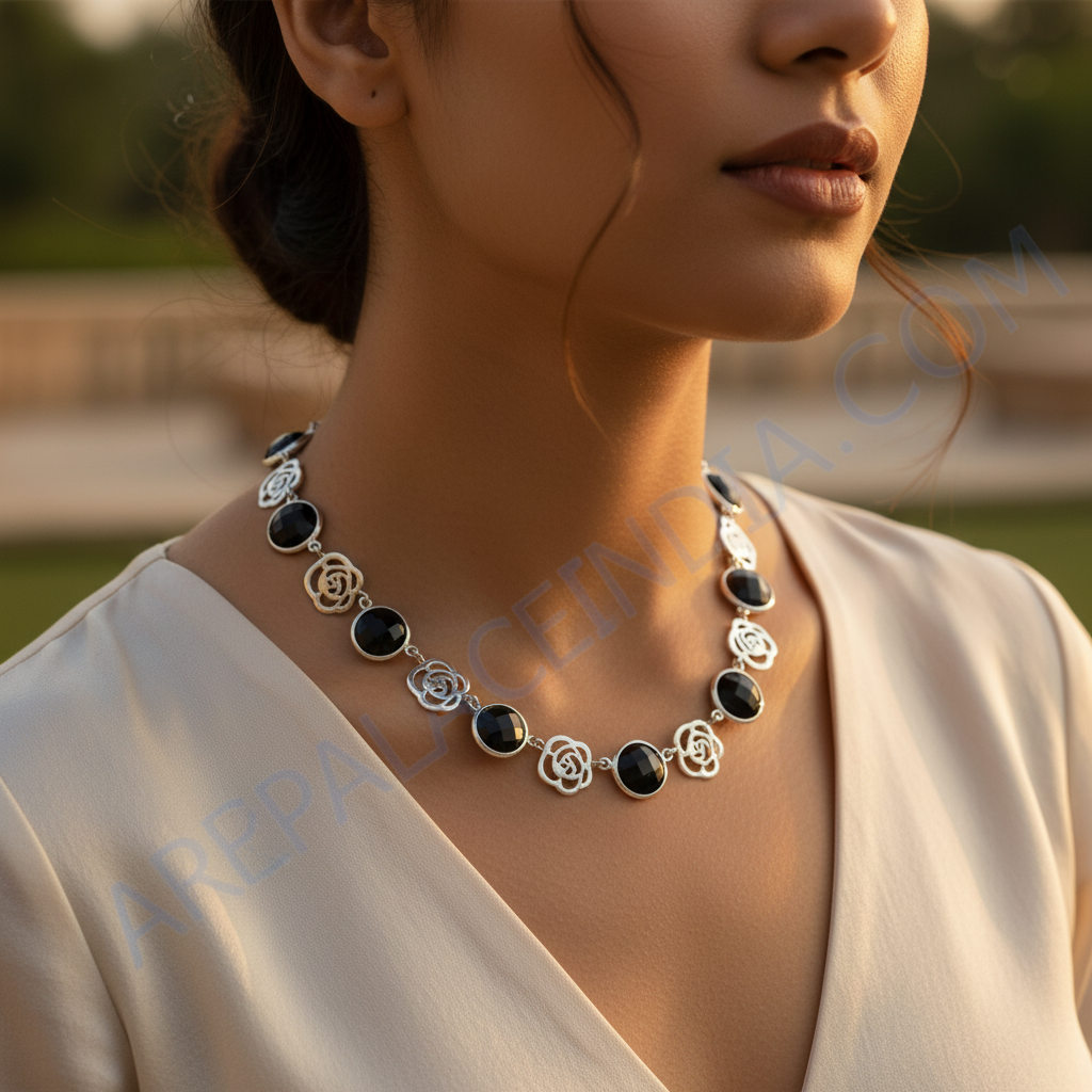 925 Silver Black Onyx Rose Necklace | Women's Fashion Jewelry
