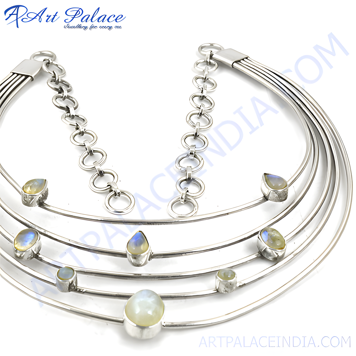 Sterling silver multi strand choker necklace with pear and round moonstone gemstones