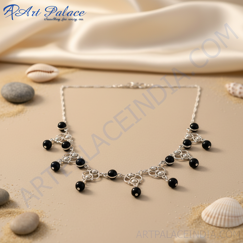 925 Silver Onyx Bead Necklace | Women's Elegant Jewelry