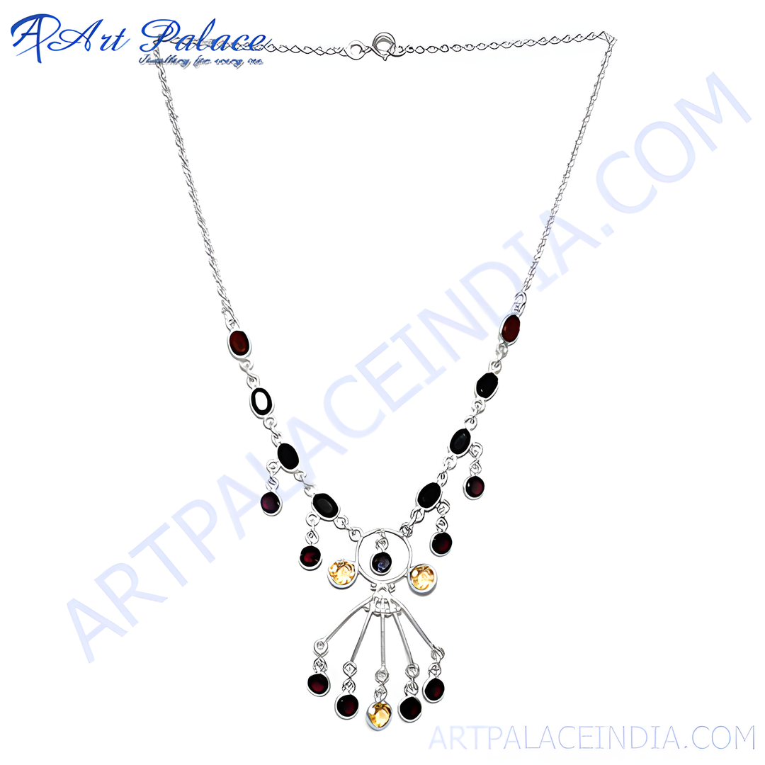 925 sterling silver multi-gemstone pendant necklace with garnet, onyx, and yellow gemstones.
