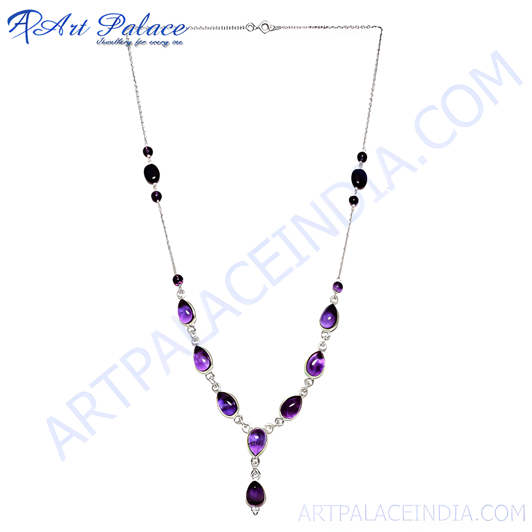 925 sterling silver chain necklace with teardrop-shaped purple amethyst gemstones