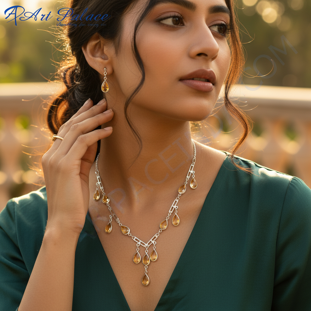 Silver citrine teardrop dangle necklace for women | gift jewelry