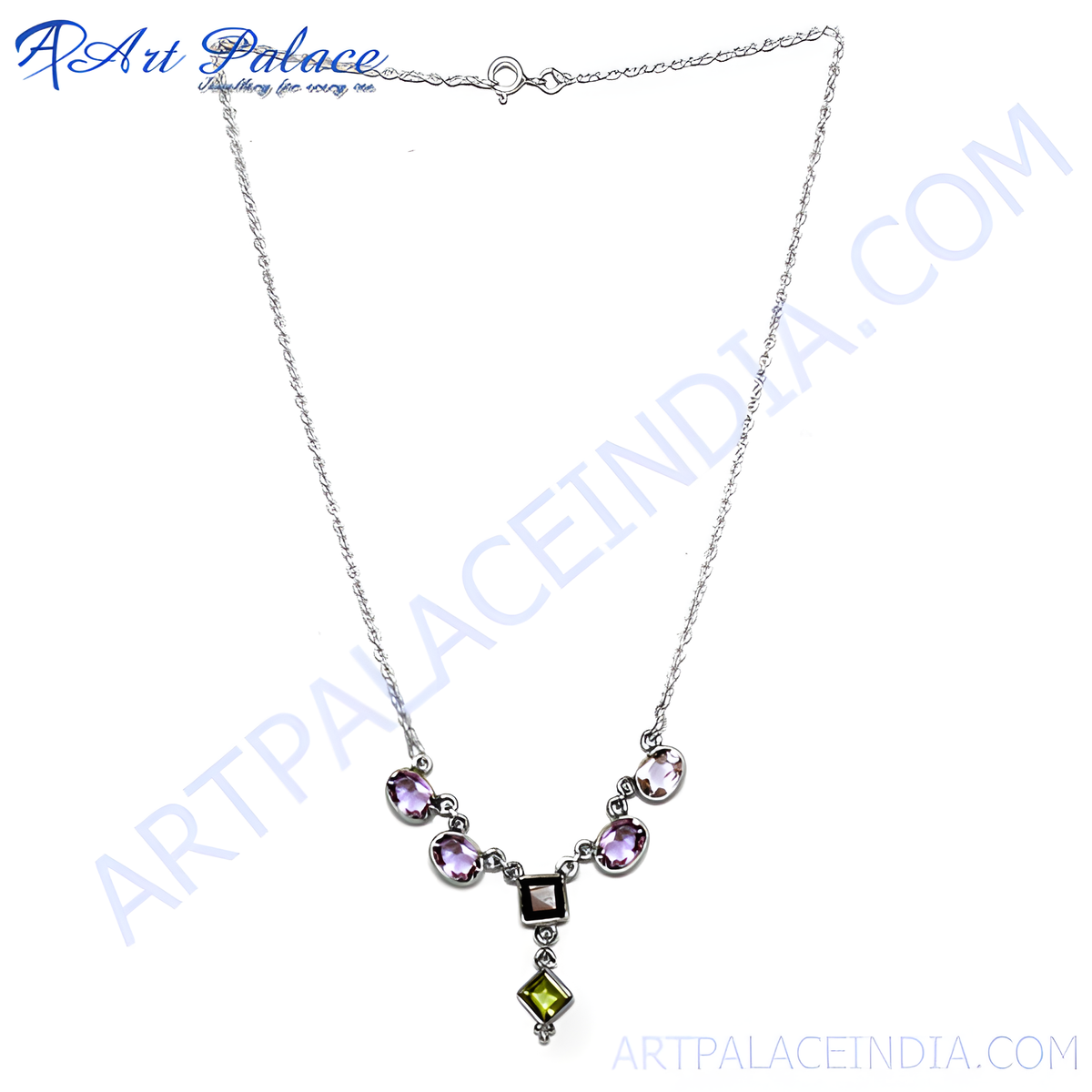 Sterling silver necklace with amethyst and peridot gemstones in a pendant design