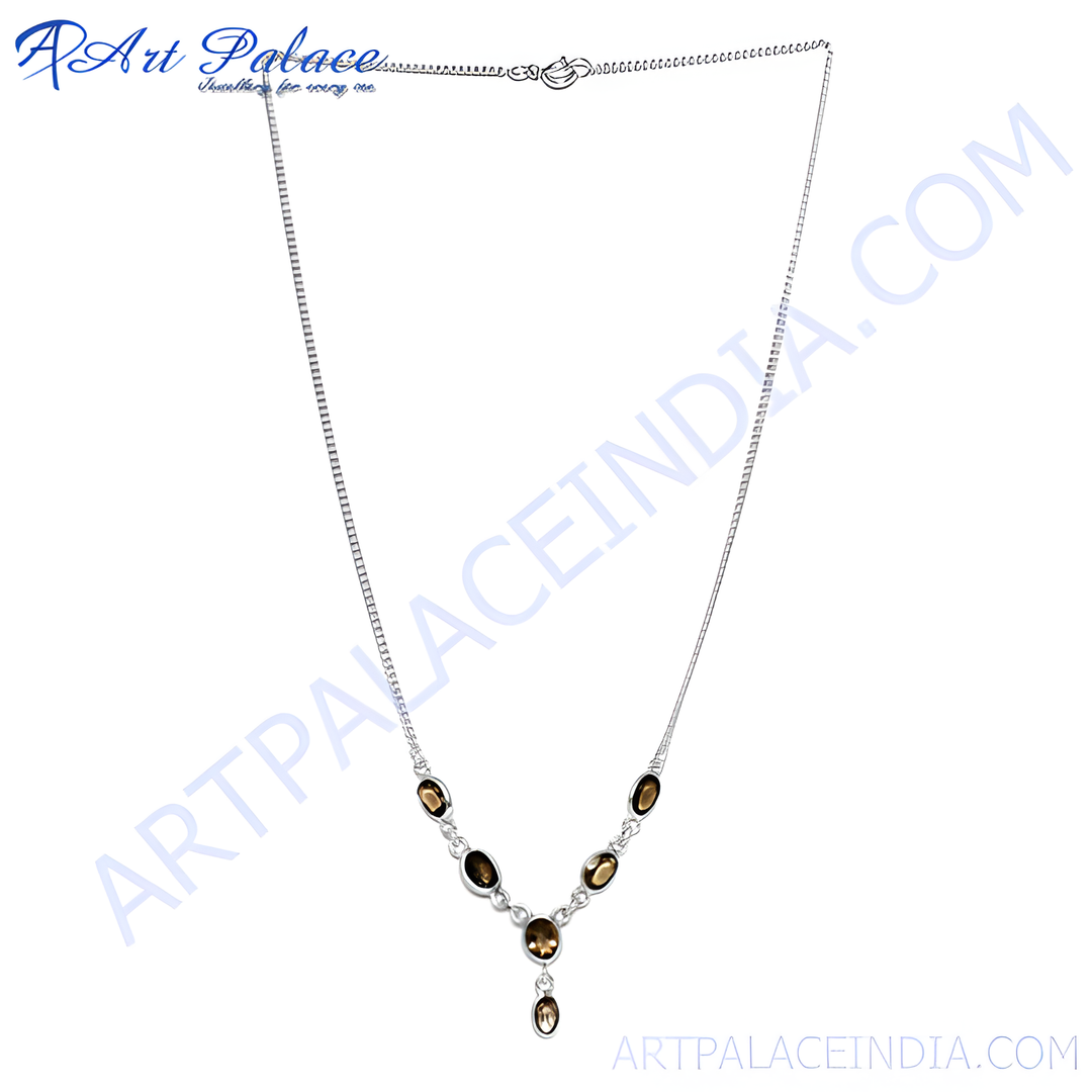 925 sterling silver chain necklace with oval smoky quartz gemstones for women.