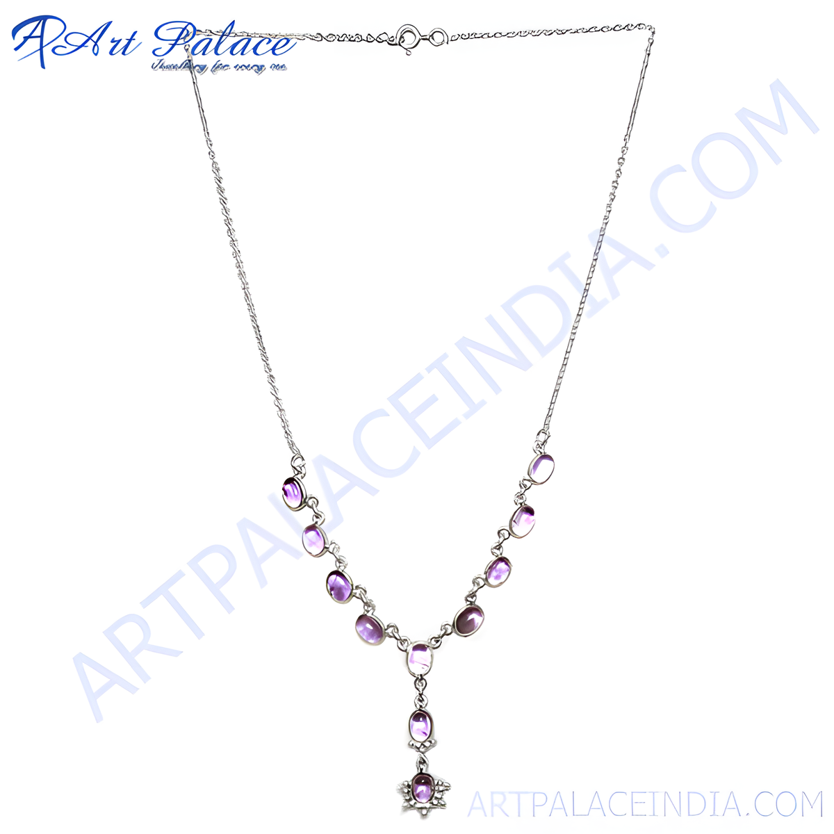 Sterling silver necklace with oval amethyst gemstones, a purple color stone pendant