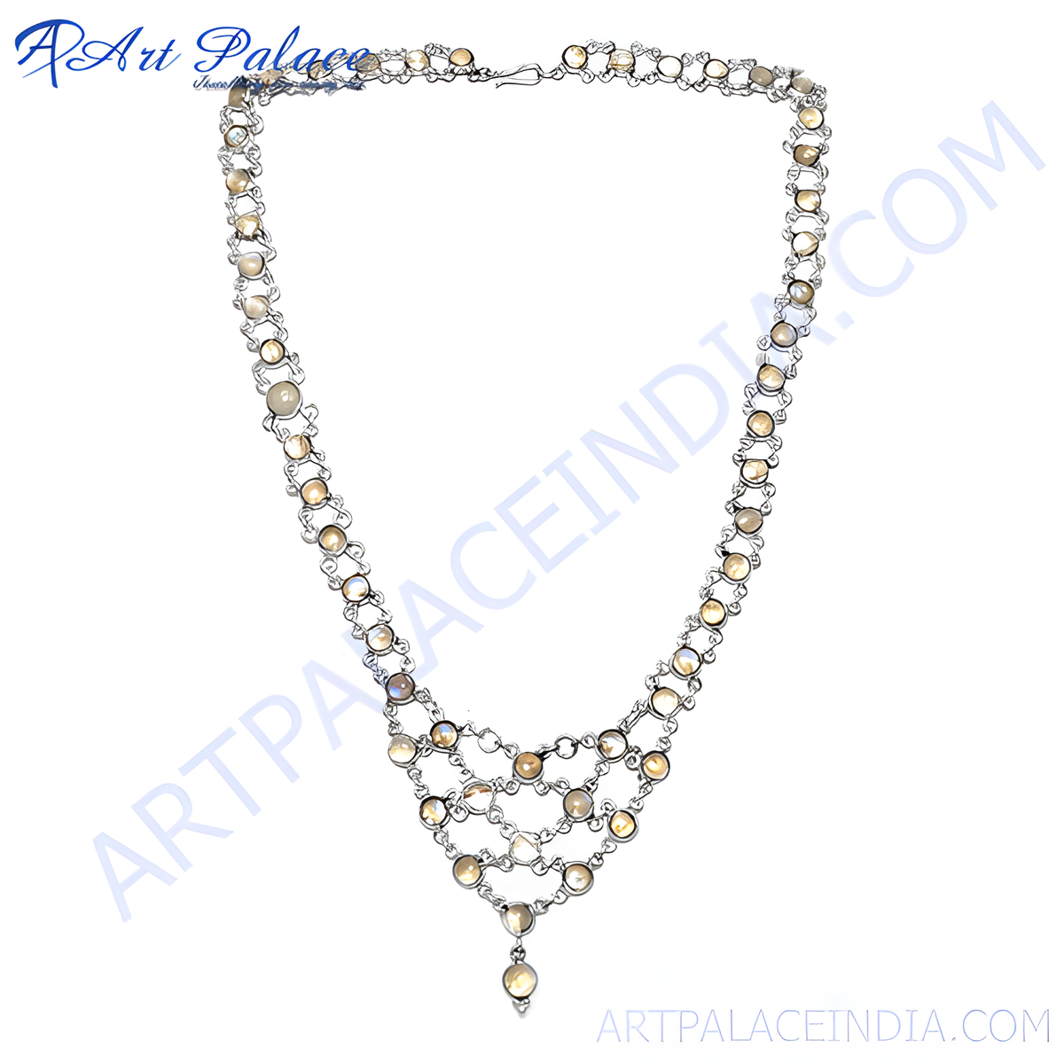 Sterling silver necklace with multiple moonstone gemstones and an ornate design, perfect for special occasions