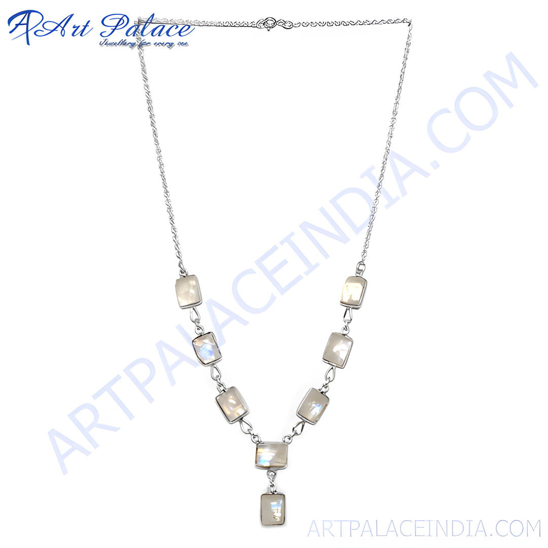925 sterling silver necklace with rectangular moonstone gemstones, a beautiful and elegant piece of jewelry.