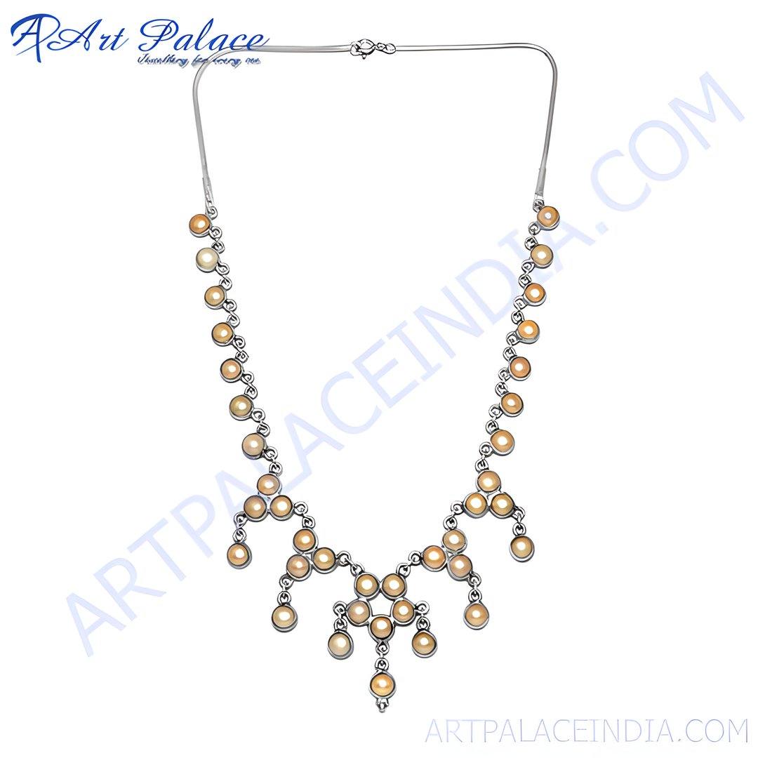 Elegant silver necklace with round pearl gemstones, perfect for women's fashion and gifting.