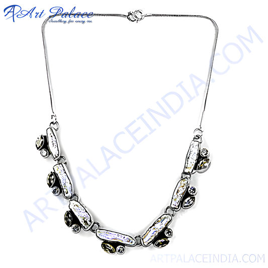 Newly Design Cubic Zircon & Pearl Stone 925 Silver Necklace