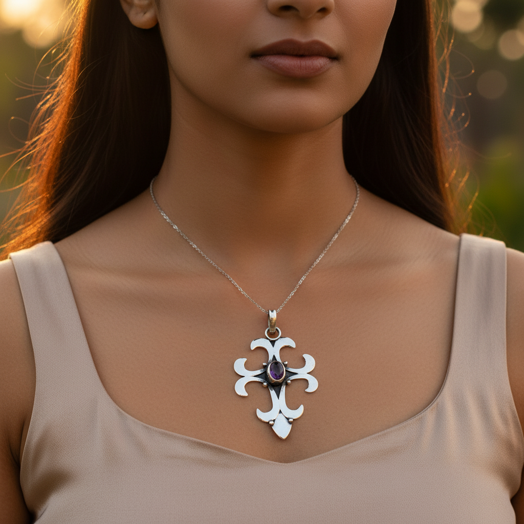 925 Silver Amethyst Cross Pendant for Women | Gemstone Jewelry