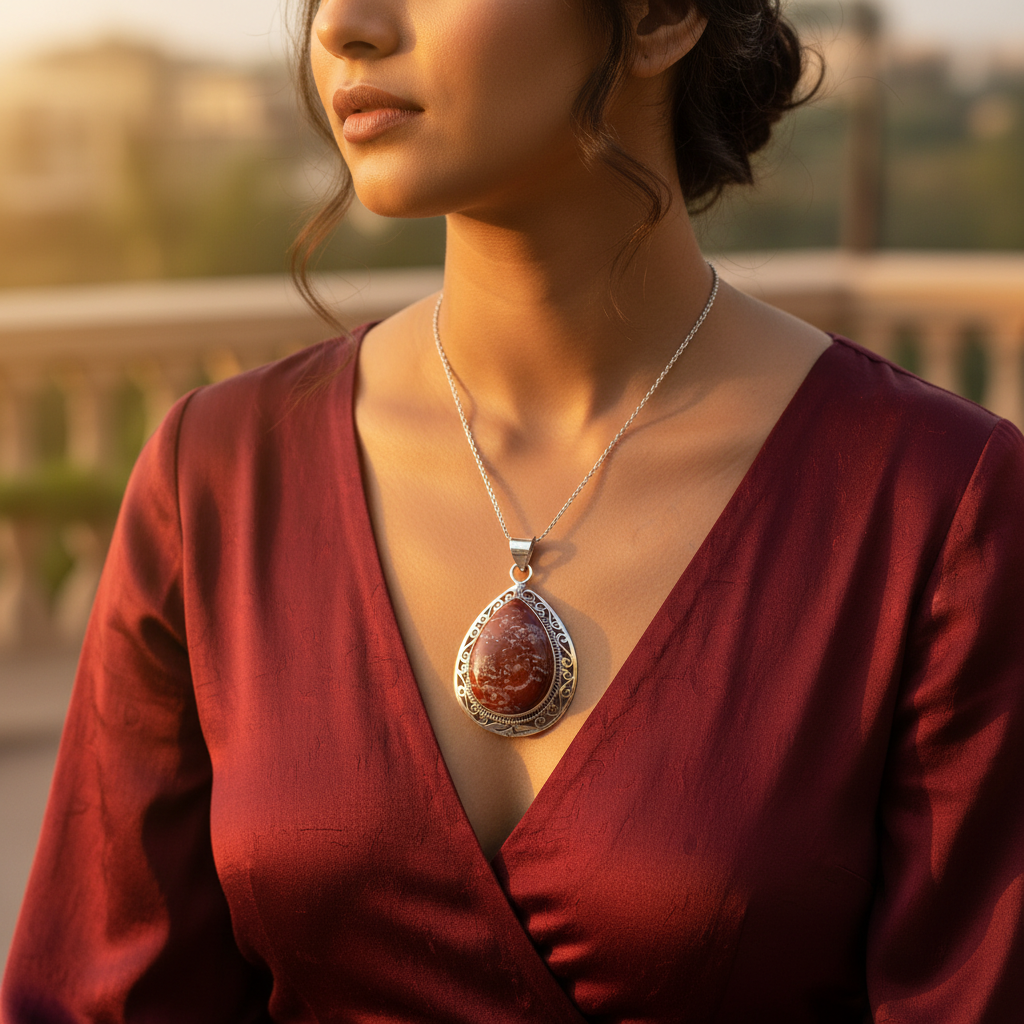 925 Silver Agate Pendant | Red Gemstone Teardrop Necklace