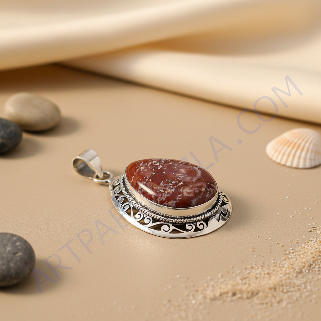 925 silver agate pendant | red gemstone teardrop necklace