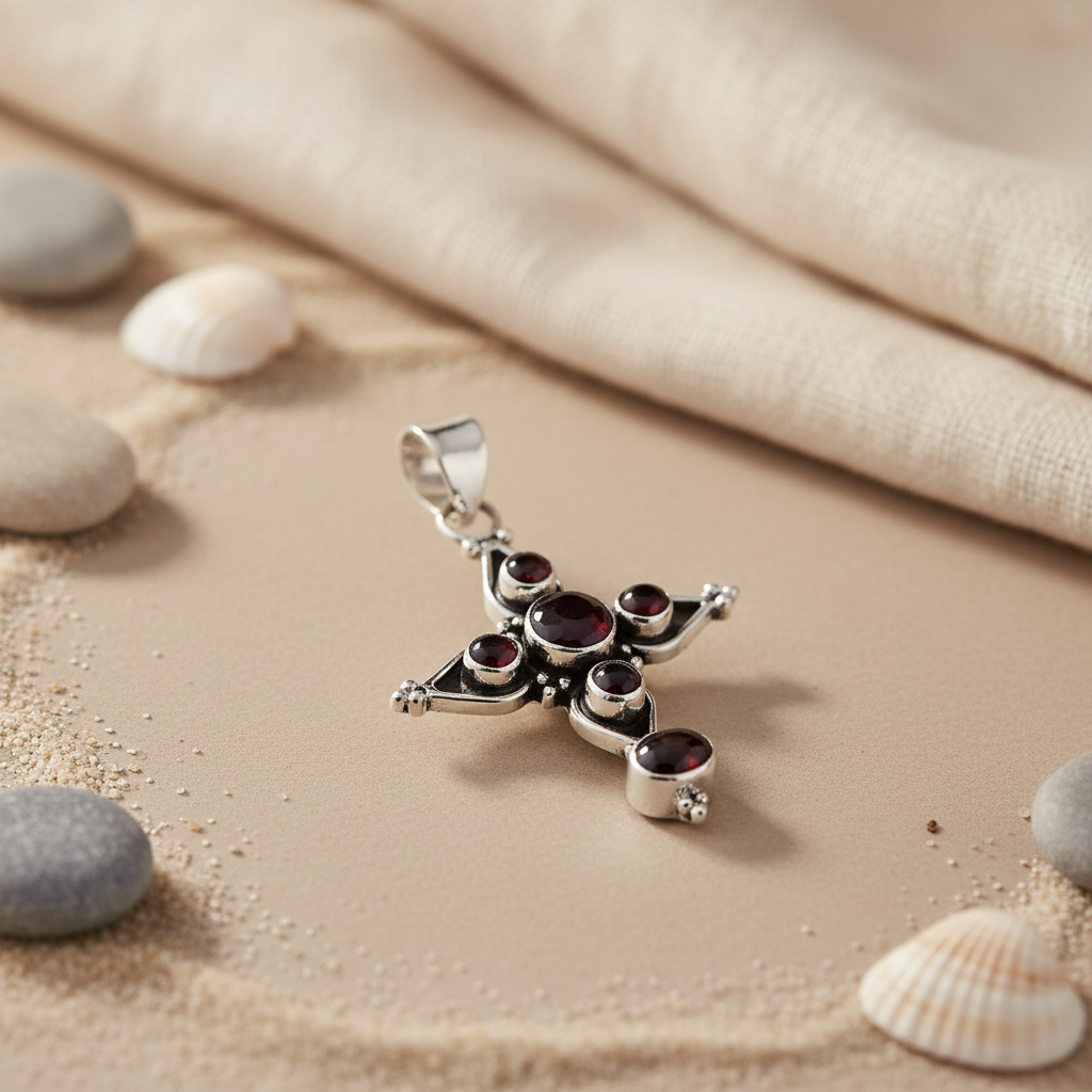 925 Sterling Silver Cross Pendant with Garnet for Women