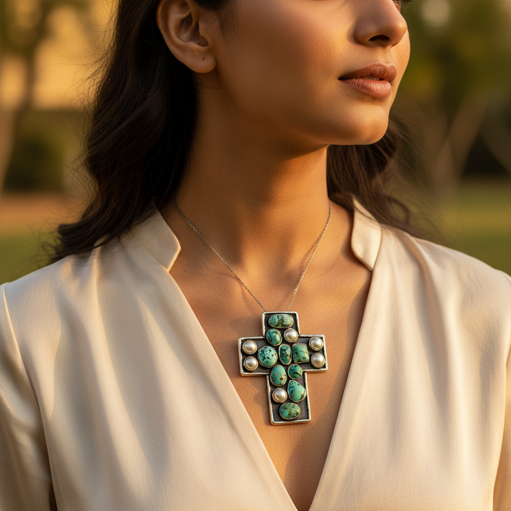 Silver Turquoise Cross Pendant | Gemstone Jewelry for Women