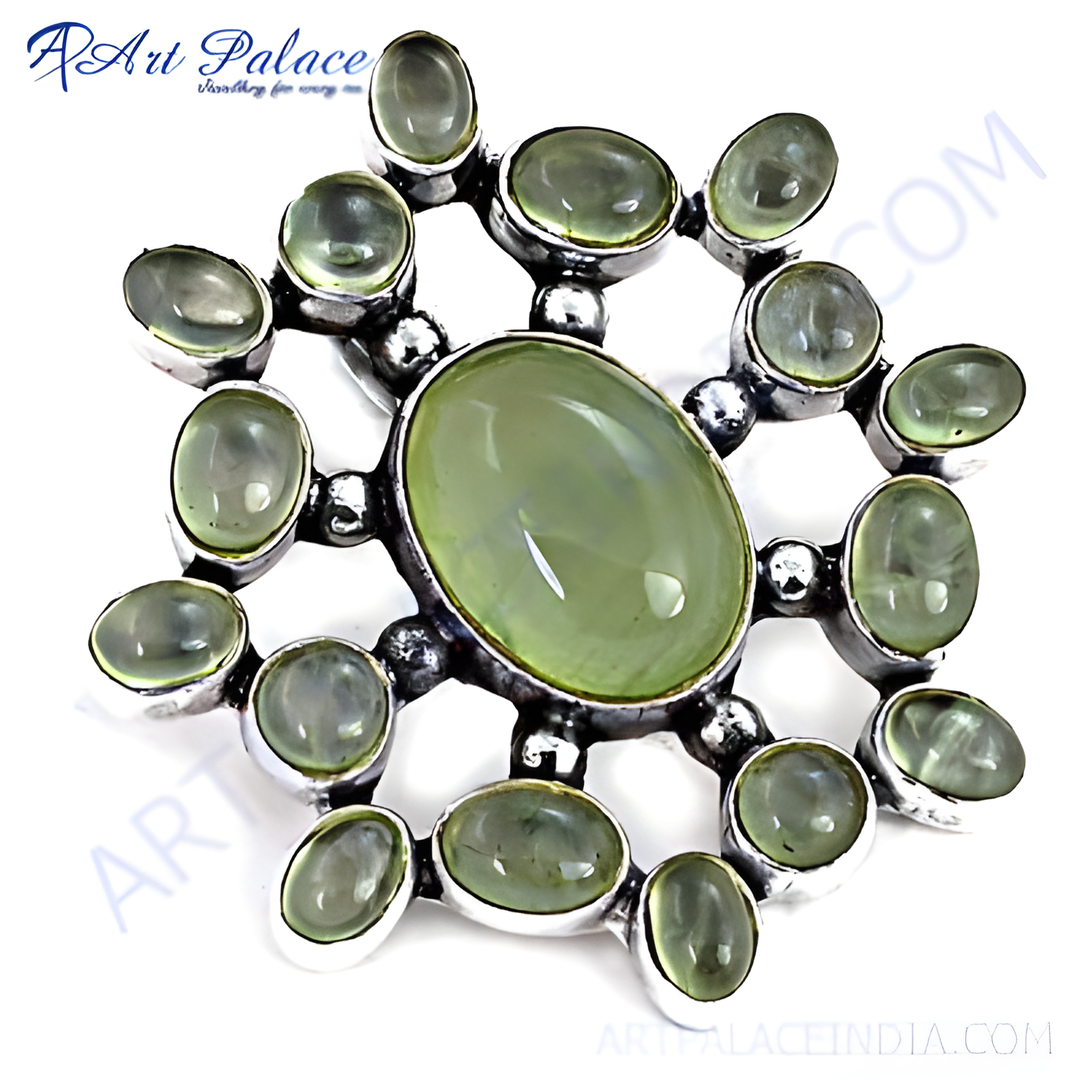 925 sterling silver ring with a large oval prehnite gemstone and a halo of smaller prehnite stones.