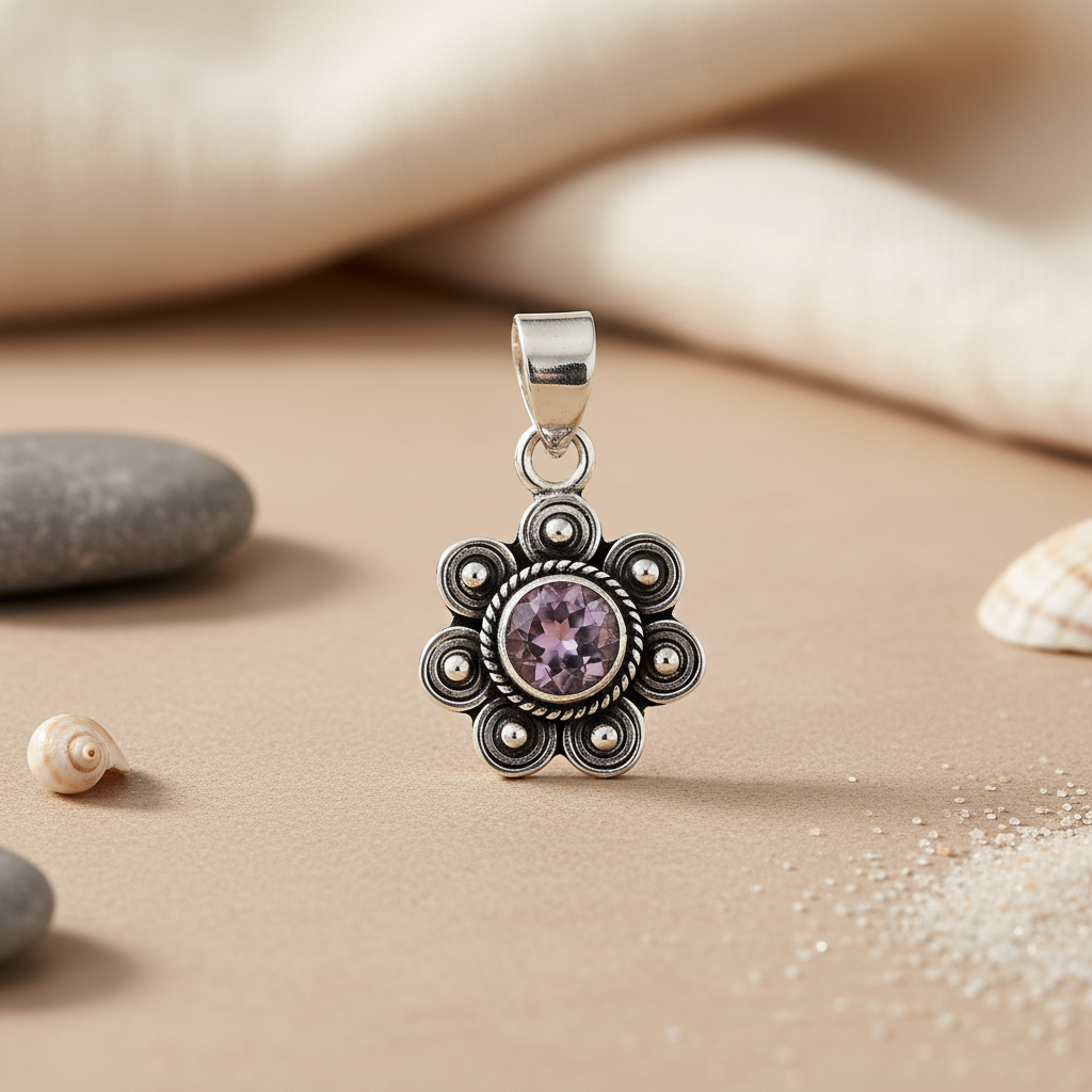925 silver amethyst flower pendant for women | gemstone jewelry