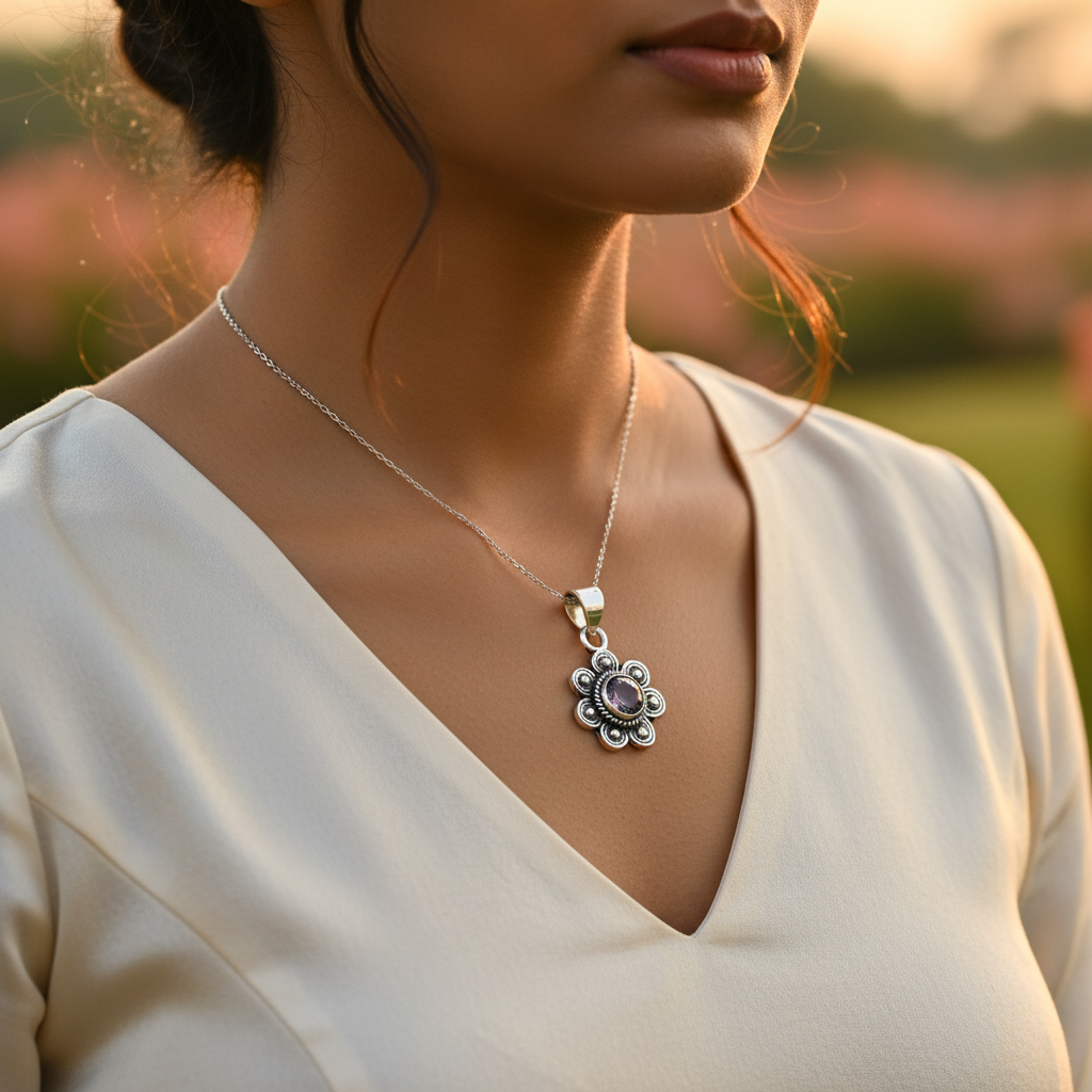 925 Silver Amethyst Flower Pendant for Women | Gemstone Jewelry
