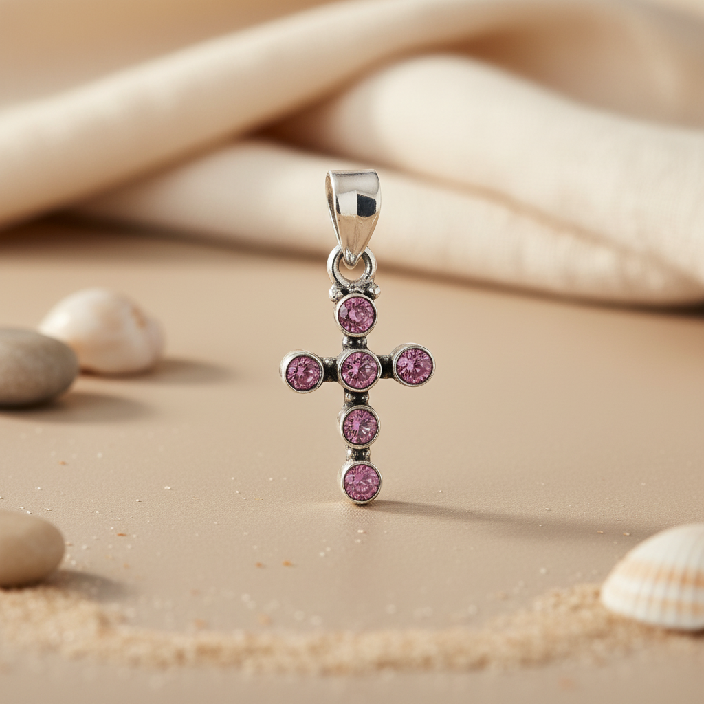 925 Sterling Silver Pink Gemstone Cross Pendant | Women's Jewelry