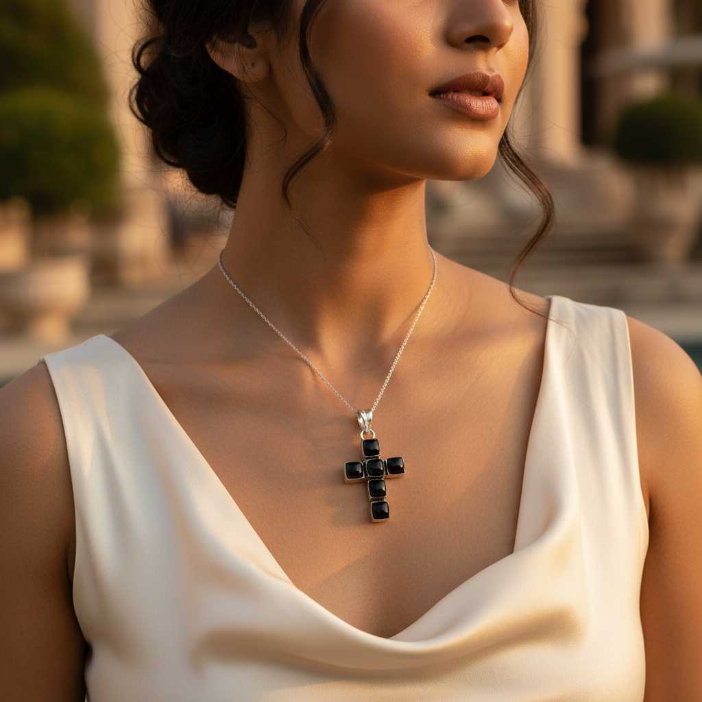 Silver Cross Pendant Necklace | Black Onyx Gemstone Jewelry