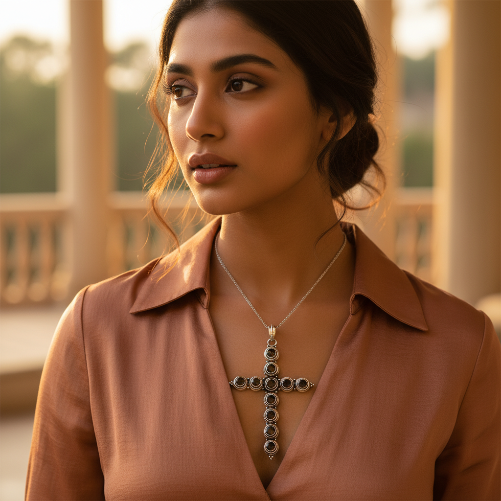 925 Sterling Silver Cross Pendant with Smokey Quartz | Women's Jewelry