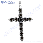 Load image into Gallery viewer, Sterling silver cross pendant with round smokey quartz gemstones, a religious necklace for women
