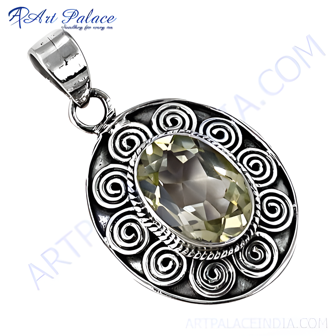 925 sterling silver oval citrine pendant with an artistic design, showcasing a yellow gemstone