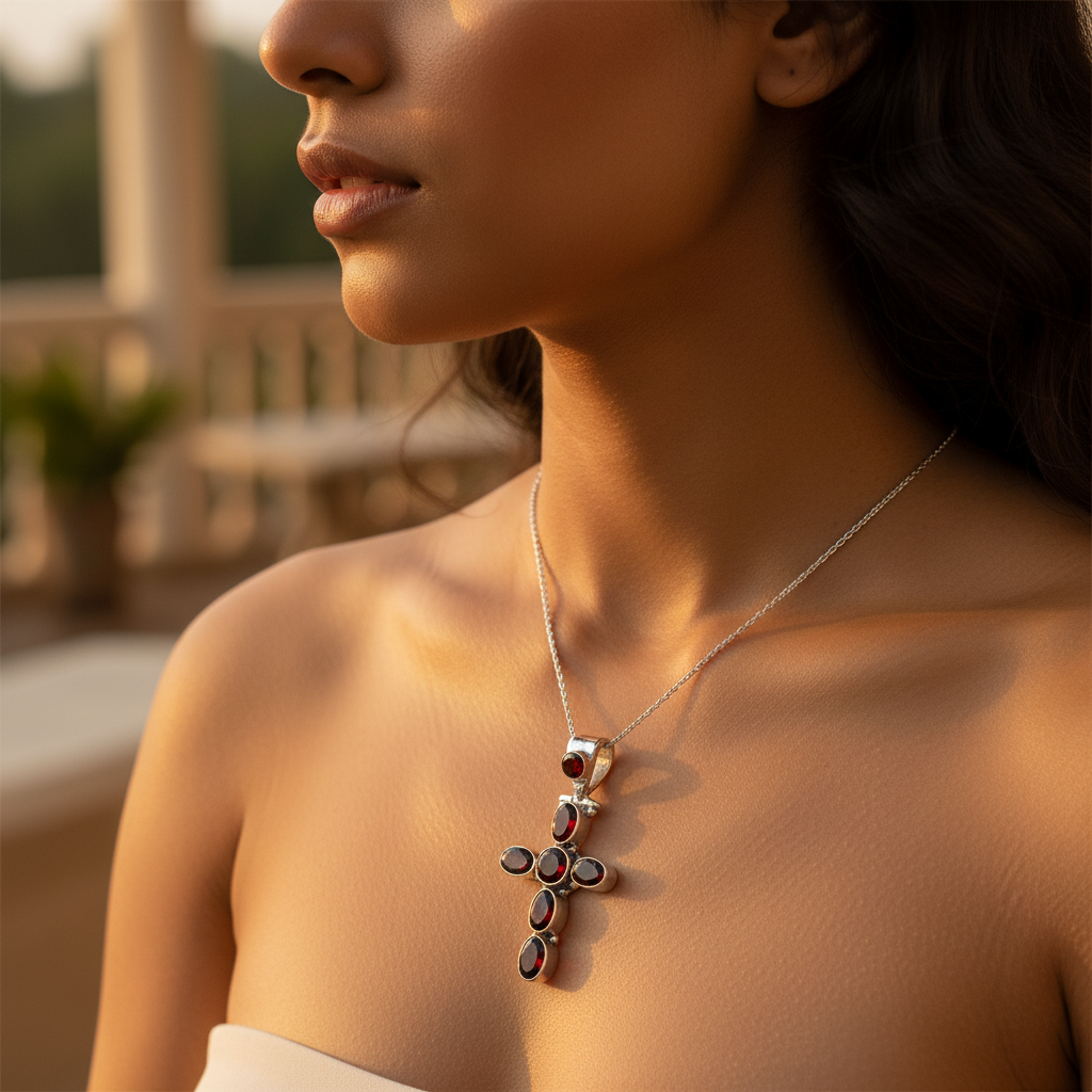 925 Silver Garnet Cross Pendant Necklace for Women | Gift Jewelry