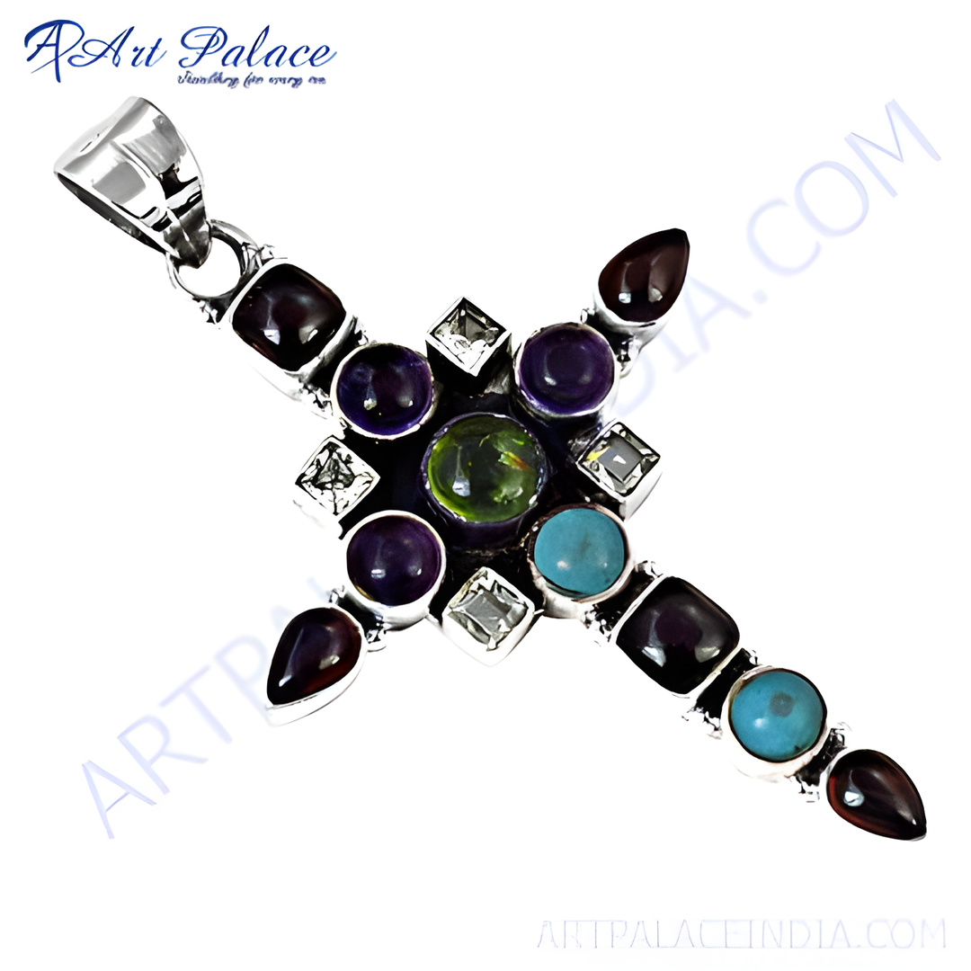 Sterling silver cross pendant with colorful gemstones including purple, turquoise, and green stones