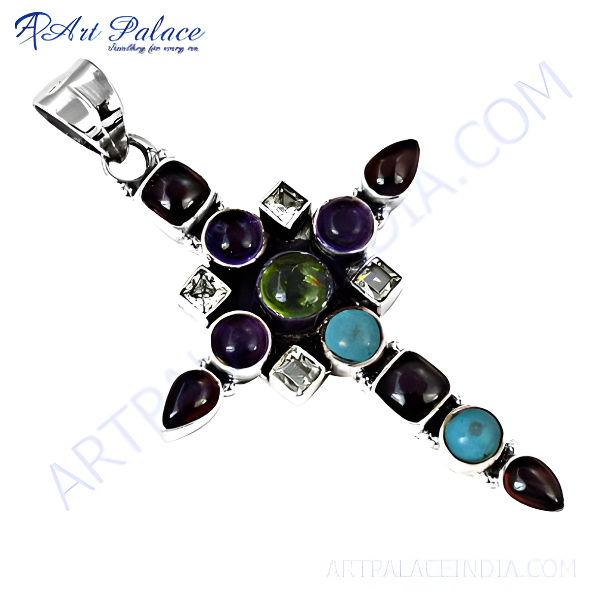 Sterling silver cross pendant with colorful gemstones including purple, turquoise, and green stones