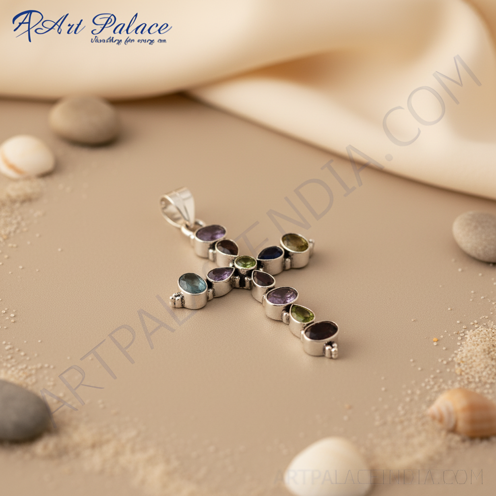 Colgante de cruz con piedras preciosas en plata de ley 925 para mujer | Joyería de regalo